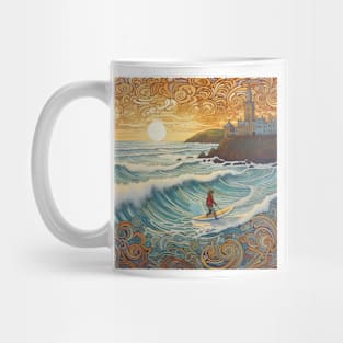 Lone Surfer At Fistral Beach Folk Art Mug